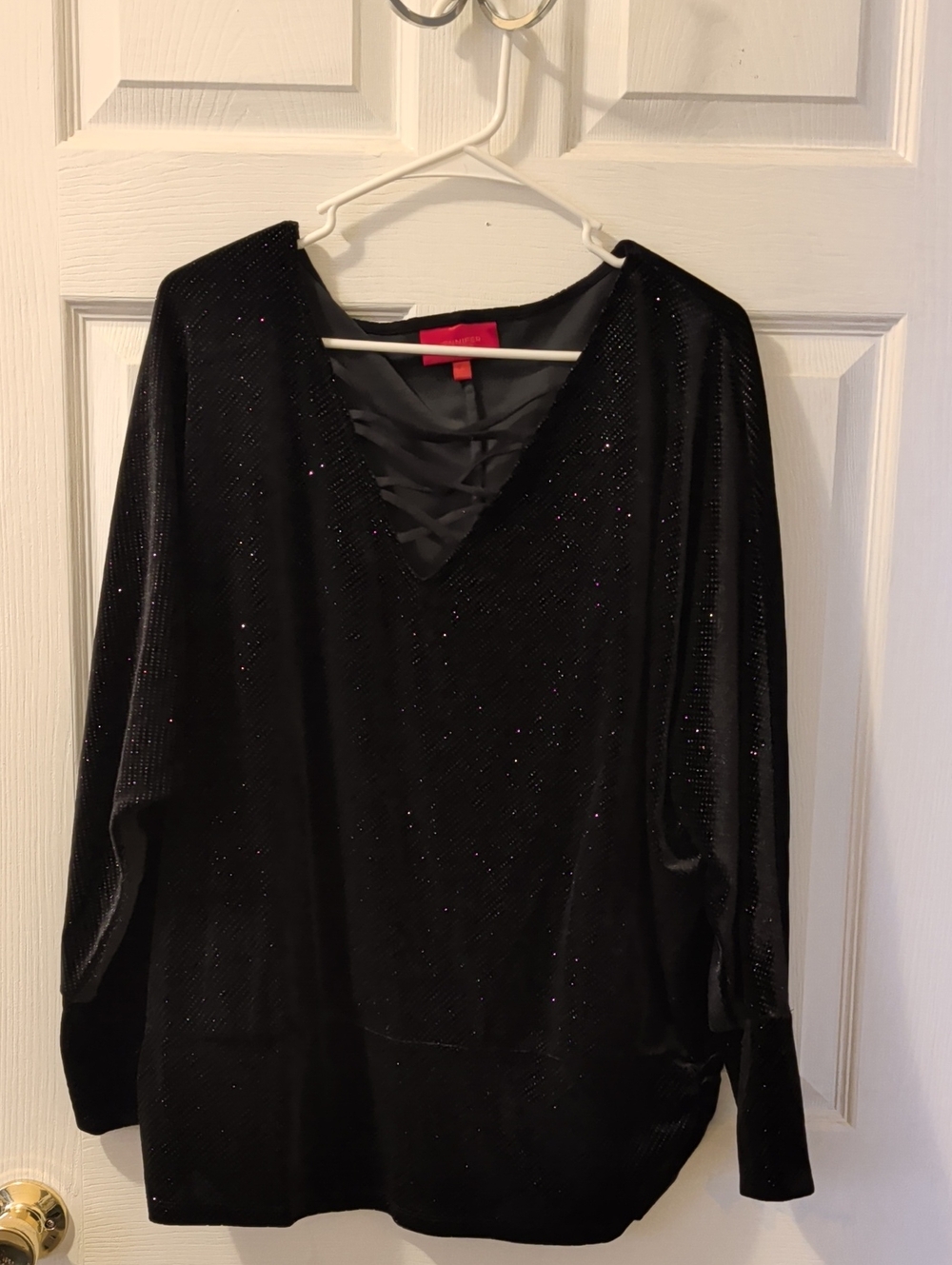 Black Sparkle V-Neck Women's Top with Lattice Detail